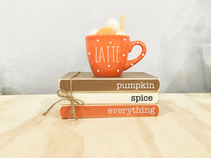 Pumpkin spice, Fall decor, Mini book bundle, Tiered tray decor, Book stack, Pumpkin latte, Faux books,  Farmhouse truck, tiered tray mug