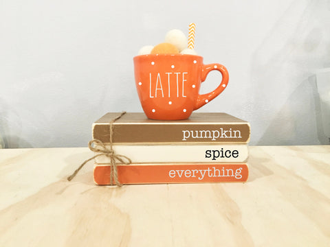 Pumpkin spice, Fall decor, Mini book bundle, Tiered tray decor, Book stack, Pumpkin latte, Faux books,  Farmhouse truck, tiered tray mug