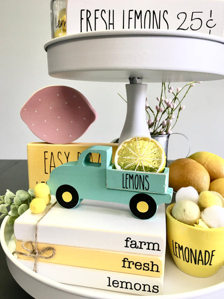 Lemon tiered tray bundle, Mini book stack, Lemonade decor, Farm fresh lemons, Faux books, Tiered tray decor, Summer, lemonade mug