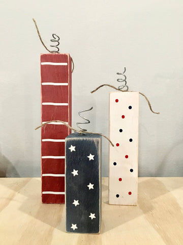 4th of July decor, wooden firecrackers, set of 3, farmhouse, tiered tray decor, shelf sitter, faux firecrackers, stars and stripes, rustic