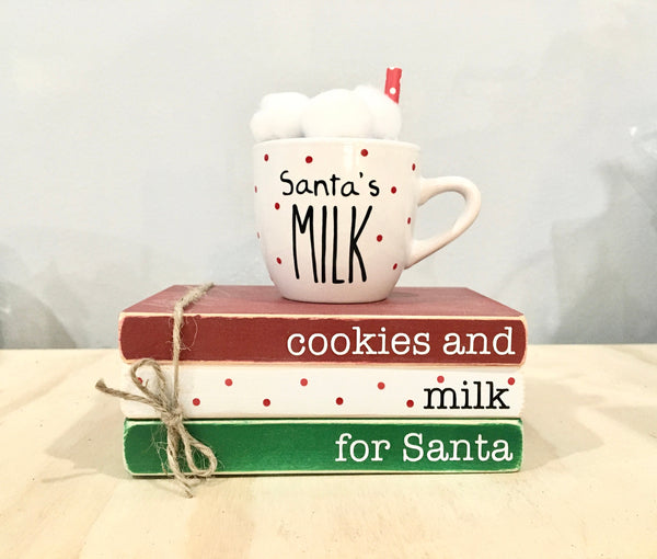 Holiday book stack, Tiered tray decor, Christmas books, Milk and cookies, Christmas decor, glass mug, Santa's milk and cookies, hostess gift