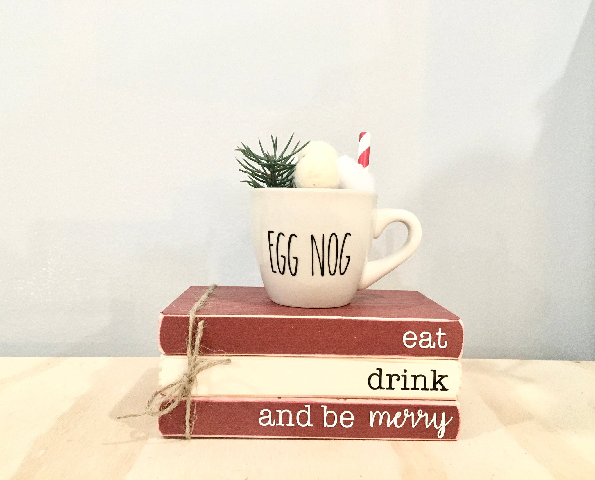 Holiday tiered tray, Egg nog, Tiered tray decor, Mini book stack, Hostess gift, Christmas decor, Farmhouse, hot cocoa bar, Wooden books