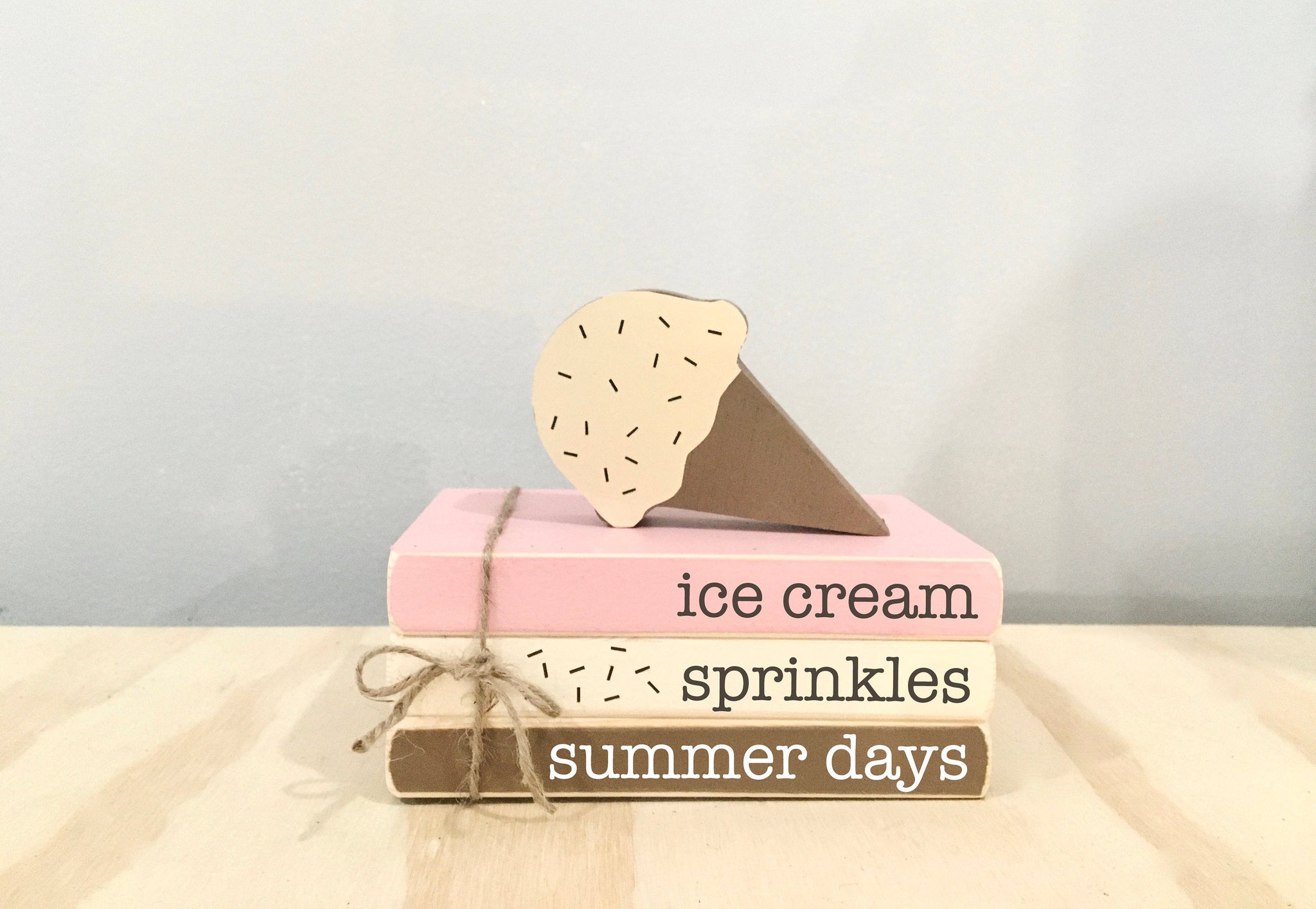 Summer tiered tray, Wooden books, Summer decor, Ice cream cone, Summer days, Faux books, Tiered tray decor, kitchen decor, faux ice cream