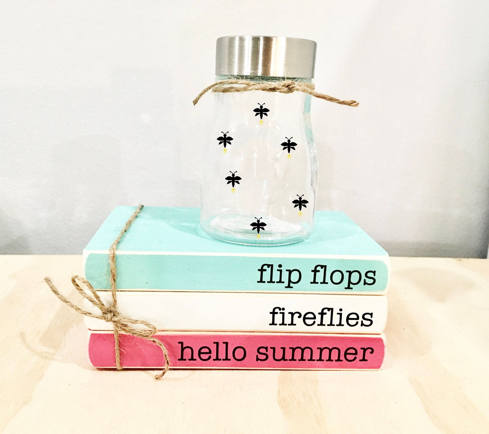Wooden books, Summer decor, flip flops, fireflies, Farmhouse decor, Faux books, Tiered tray decor, firefly jar, Hello summer, summer