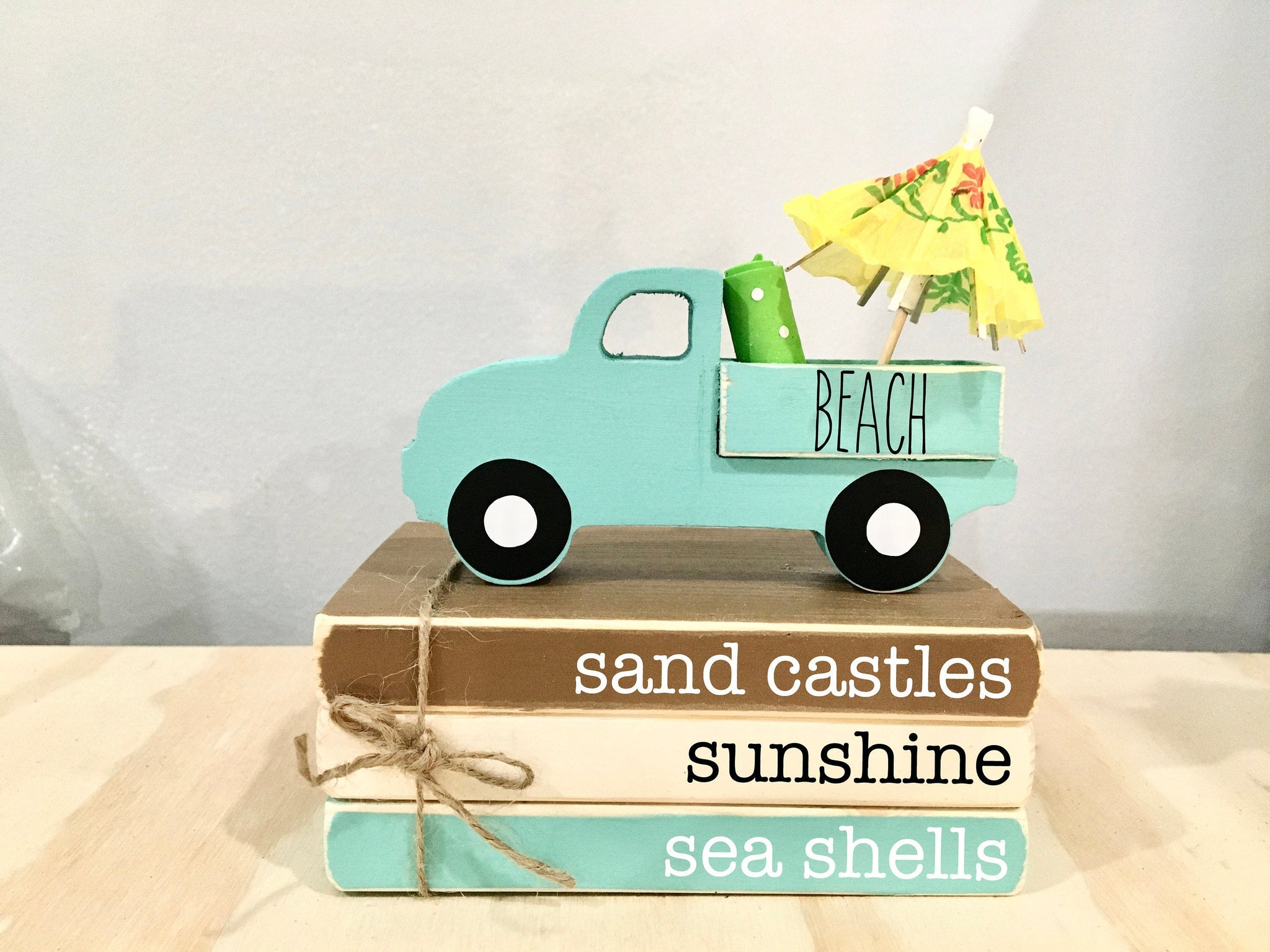 Beach tiered tray decor, Summer, mini book bundle, book stack, wooden truck, sand, faux books, wooden books, Beach truck, Cottage decor