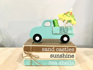 Beach tiered tray decor, Summer, mini book bundle, book stack, wooden truck, sand, faux books, wooden books, Beach truck, Cottage decor