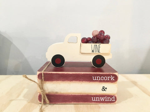 Wine decor, Wine truck, Mini book bundle, Book stack, Wooden truck, Faux books, books, Tiered tray decor, Farmhouse truck, Uncork and unwind