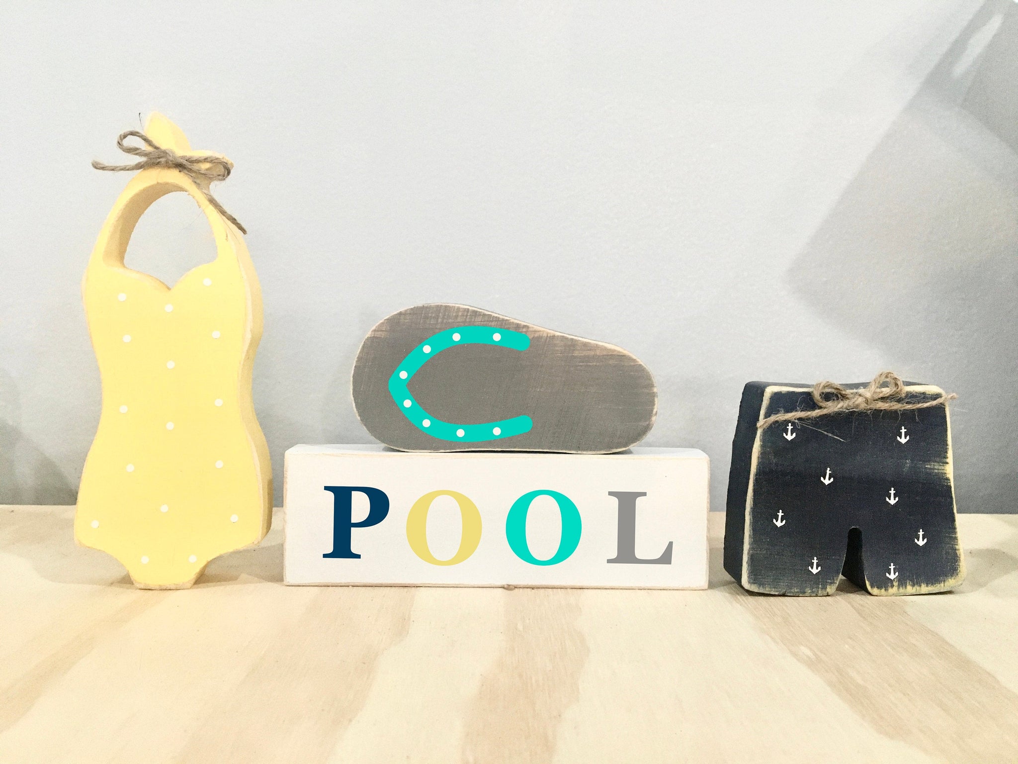 Pool tiered tray, Wood sign bundle, Swim trunks, Tiered tray decor, Bathing suit, Summer decor, Lake house, Cottage, Nautical decor