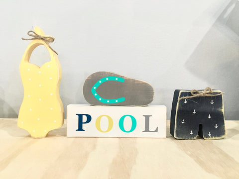 Pool tiered tray, Wood sign bundle, Swim trunks, Tiered tray decor, Bathing suit, Summer decor, Lake house, Cottage, Nautical decor