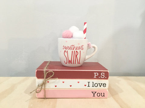 Valentines day, Holiday tiered tray, mini books, Tiered tray decor, Book stack, love mug, Valentine gift, hot cocoa bar, Wooden books