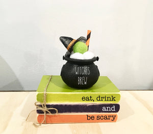 Halloween decor, Tiered tray, Mini book bundle, black cauldron, Book stack, Witches brew, Faux books, Eat drink and be scary,  Party decor