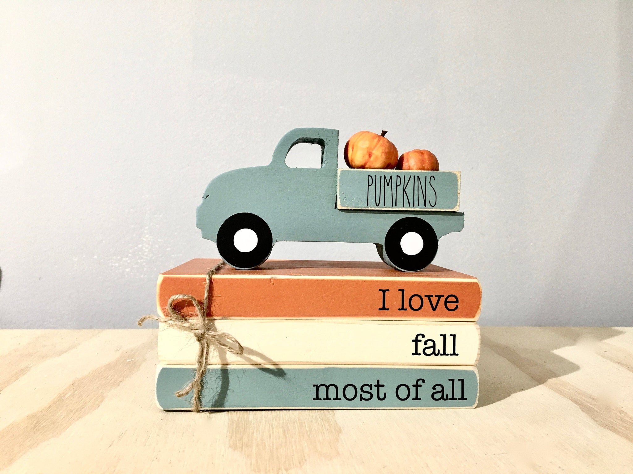 Fall decor, Pumpkin truck, Tiered tray decor, Mini book bundle, Book stack, Wooden truck, Faux books, Farmhouse truck, Pumpkins, I love fall