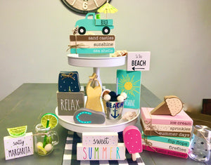 Summer bundle, Tiered tray decor, Margarita, Beach truck, Wooden book stack, Flip flop, Relax sign, Summer blocks, Ice cream cone, Popsicle