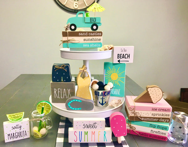 Summer bundle, Tiered tray decor, Margarita, Beach truck, Wooden book stack, Flip flop, Relax sign, Summer blocks, Ice cream cone, Popsicle