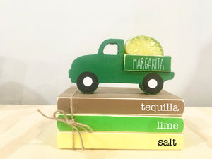 Summer tiered tray decor, Margarita decor, Margarita truck, Wooden truck, Lime, Bar decor,  mini book bundle, book stack, wooden books,