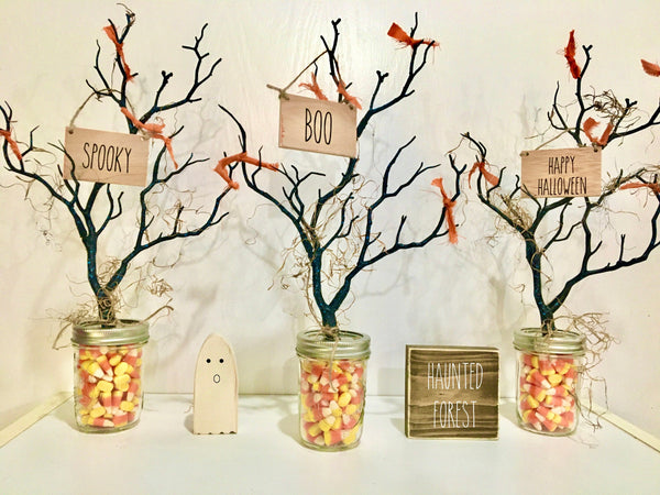 Halloween decor, Tree, Tiered tray decor, Artificial branches, Centerpiece, Table decor, Mantle, Hostess gift, candy corn, Tiered tray sign