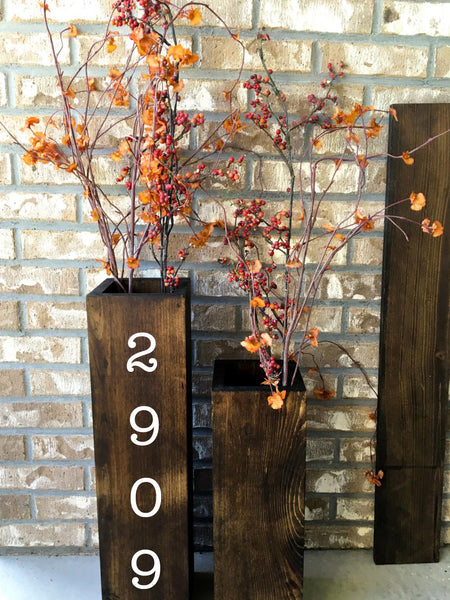 large wooden porch vases, address  sign, reclaimed wood, rustic, floor vases, farmhouse decor, large floor vase,  porch decor, set of 2