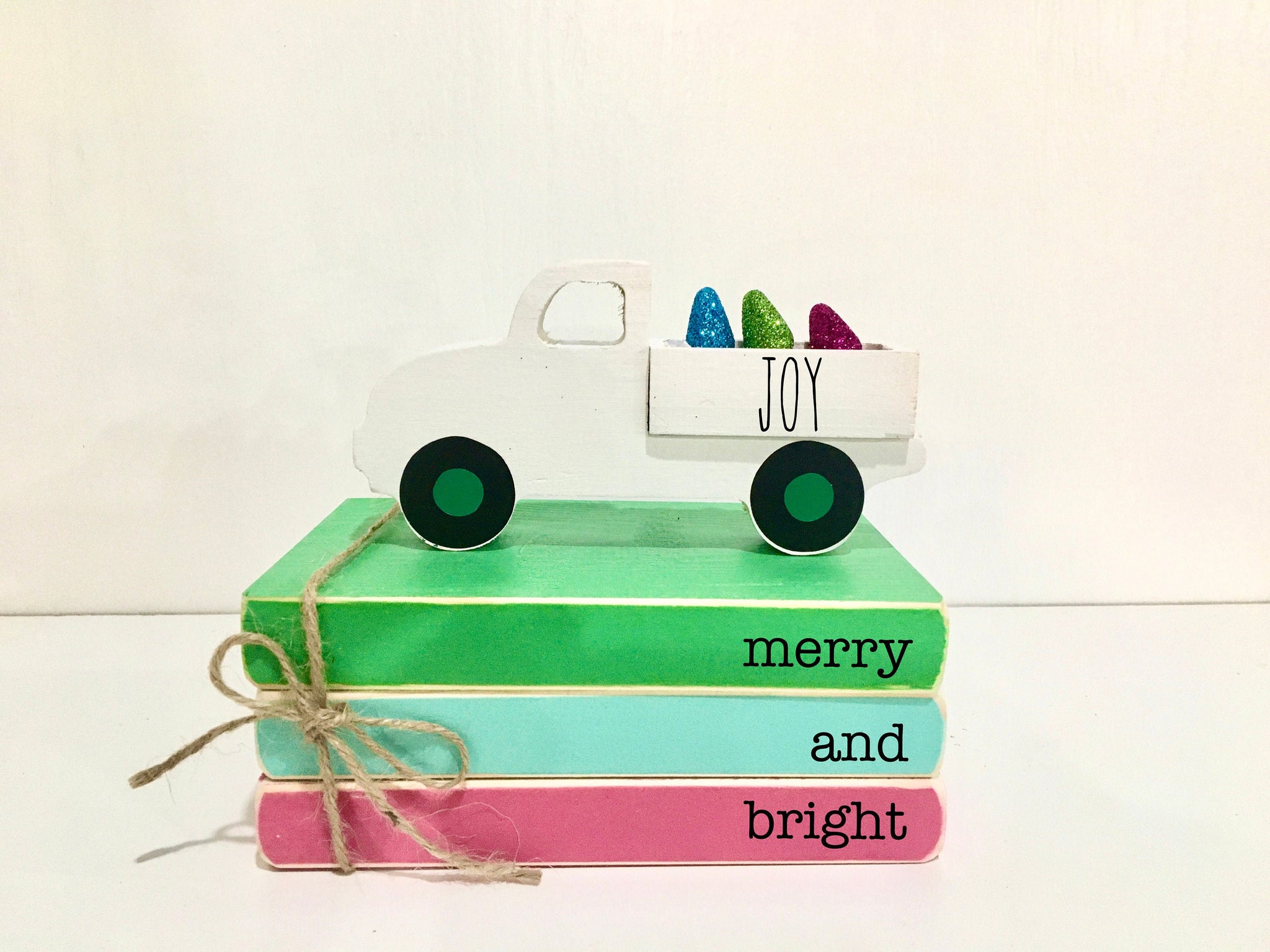 Christmas tiered tray decor, Tiered tray books, Merry and bright, Christmas decor, Wooden truck, Christmas lights, Mini book bundle