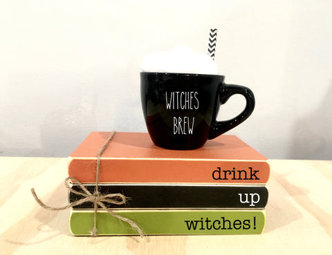 Halloween decor, Tiered tray, Mini book bundle,  Book stack, Witches brew,  Faux books, Drink up witches, Hostess gift, Party, wooden books