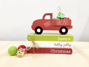 Holiday tiered tray, Christmas decor, Wooden truck, Tiered tray decor,  book bundle, Book stack, red truck, Farmhouse truck, Christmas gift