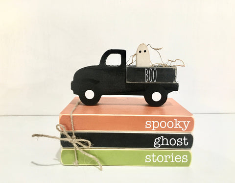 Halloween tiered tray, Halloween decor, Mini book bundle, Book stack, Wooden truck, Ghost stories, Tiered tray decor, Farmhouse truck