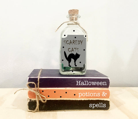Halloween tiered tray, Halloween decor, Potions and spells, Mini book bundle, Book stack,  Faux books,  Scaredy cats potion, Party decor