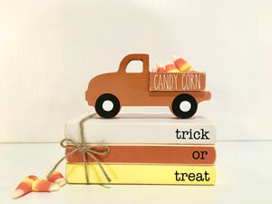 Halloween tiered tray, Candy corn,  Trick or treat, Halloween decor, Mini book bundle, Book stack, Wooden truck, Tiered tray decor