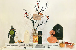 Halloween decor, Tiered tray decor, Witch, Ghost, Cat, Pumpkin, Mantle, Trick or treat, Wooden house, Boo, Kids Halloween decor, Statues