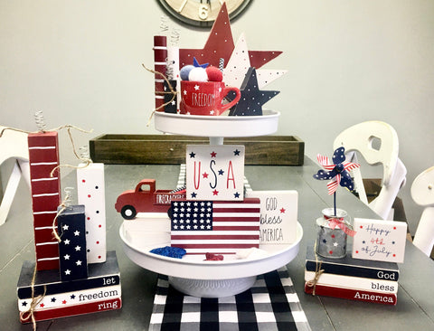 4th of July bundle, Tiered tray decor, wooden stars, Flag, Memorial day, Book stack, Firecrackers, Wooden truck, Pinwheel, mug, USA