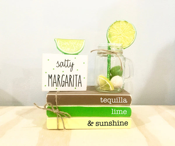 Summer tiered tray decor, Margarita decor,  Happy hour sign, Salty margarita, Lime, Bar decor,  mini book bundle, book stack, wooden books,