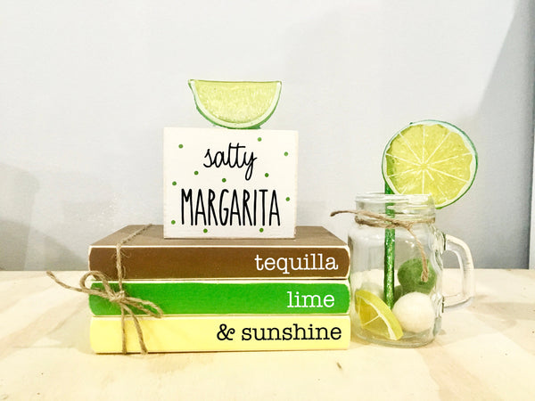 Summer tiered tray decor, Margarita decor,  Happy hour sign, Salty margarita, Lime, Bar decor,  mini book bundle, book stack, wooden books,