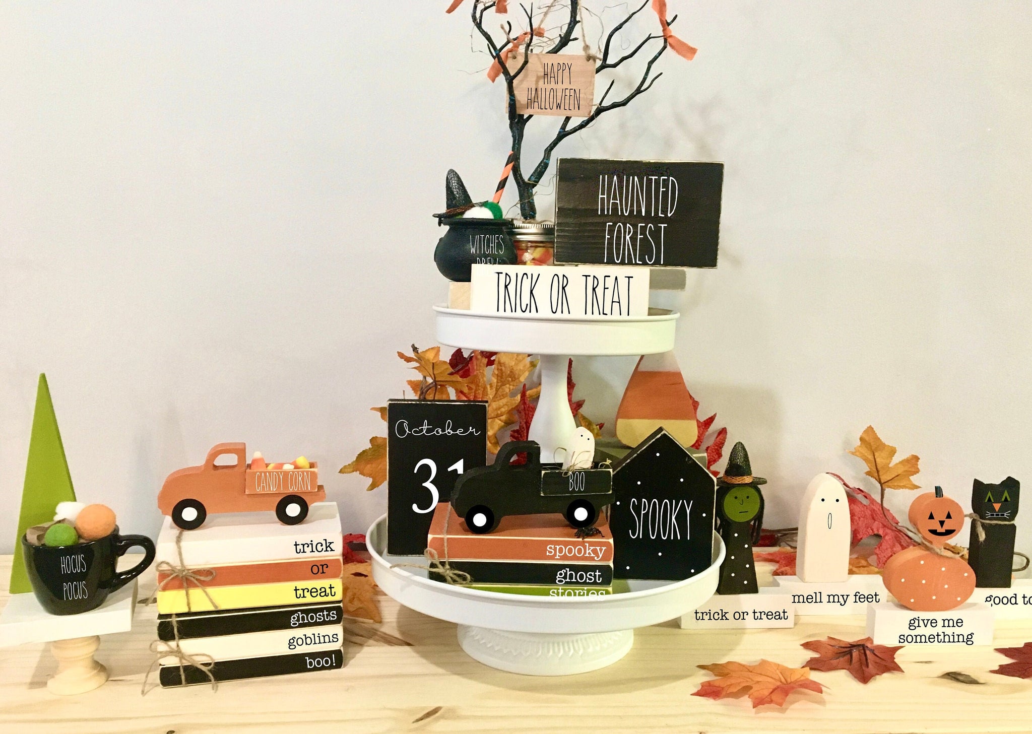 Halloween decor, Tiered tray decor, Witch, Ghost, Cat, Pumpkin, Mantle, Trick or treat, Wooden house, Mini book stack