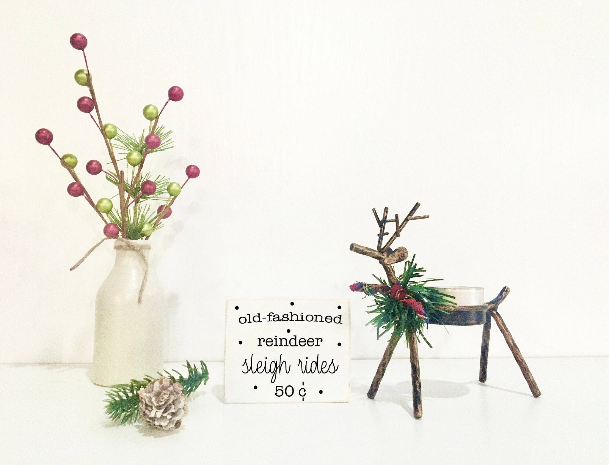 Reindeer candle holder, Christmas decor, Holiday tiered tray, Tiered tray decor, Sleigh rides sign, Farmhouse, wooden sign, mini display