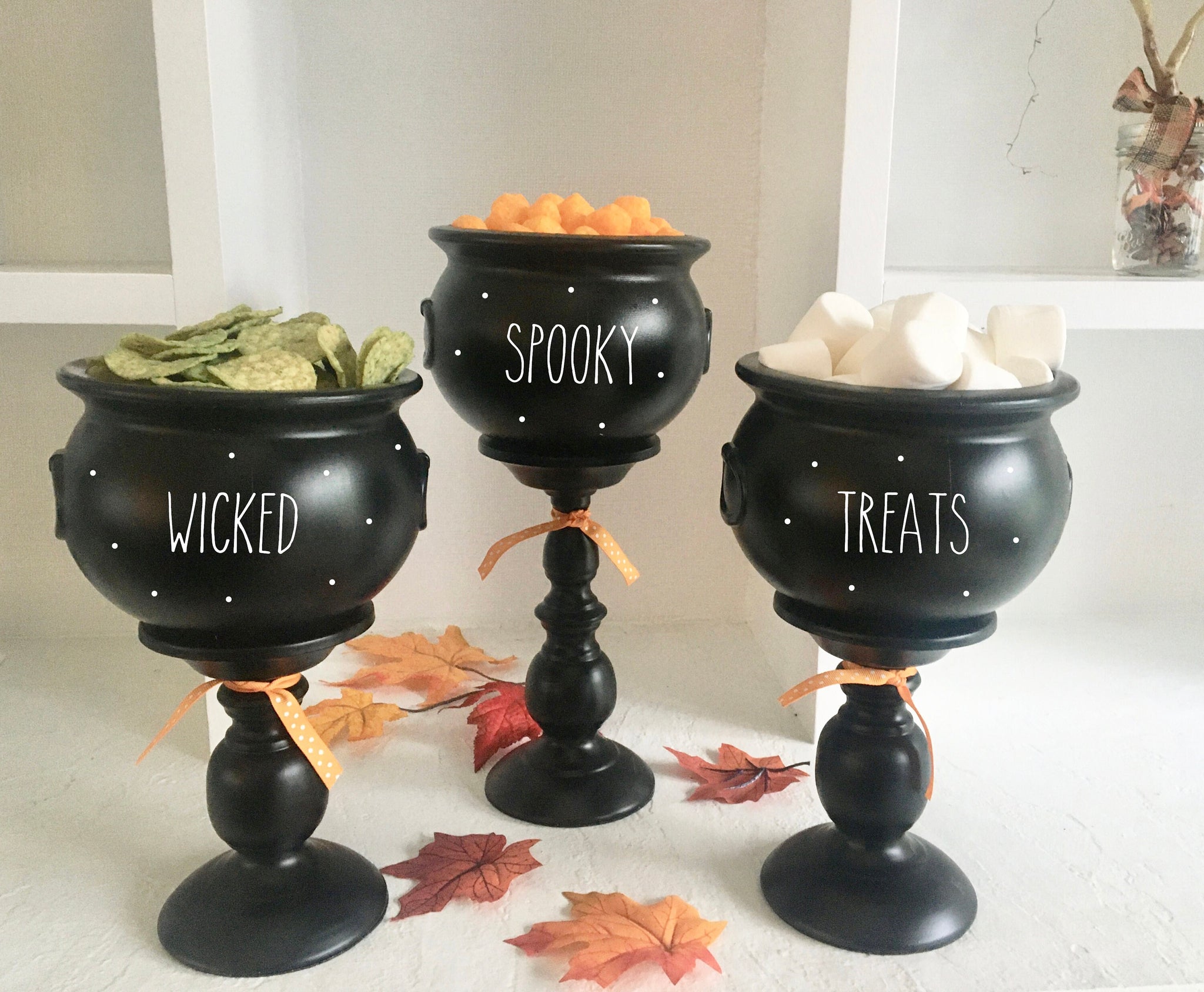 Halloween treat bowls, Tiered tray, candy bowl, Party decor, Serving pieces for Halloween party, Set of 3 witch cauldrons, Table centerpiece
