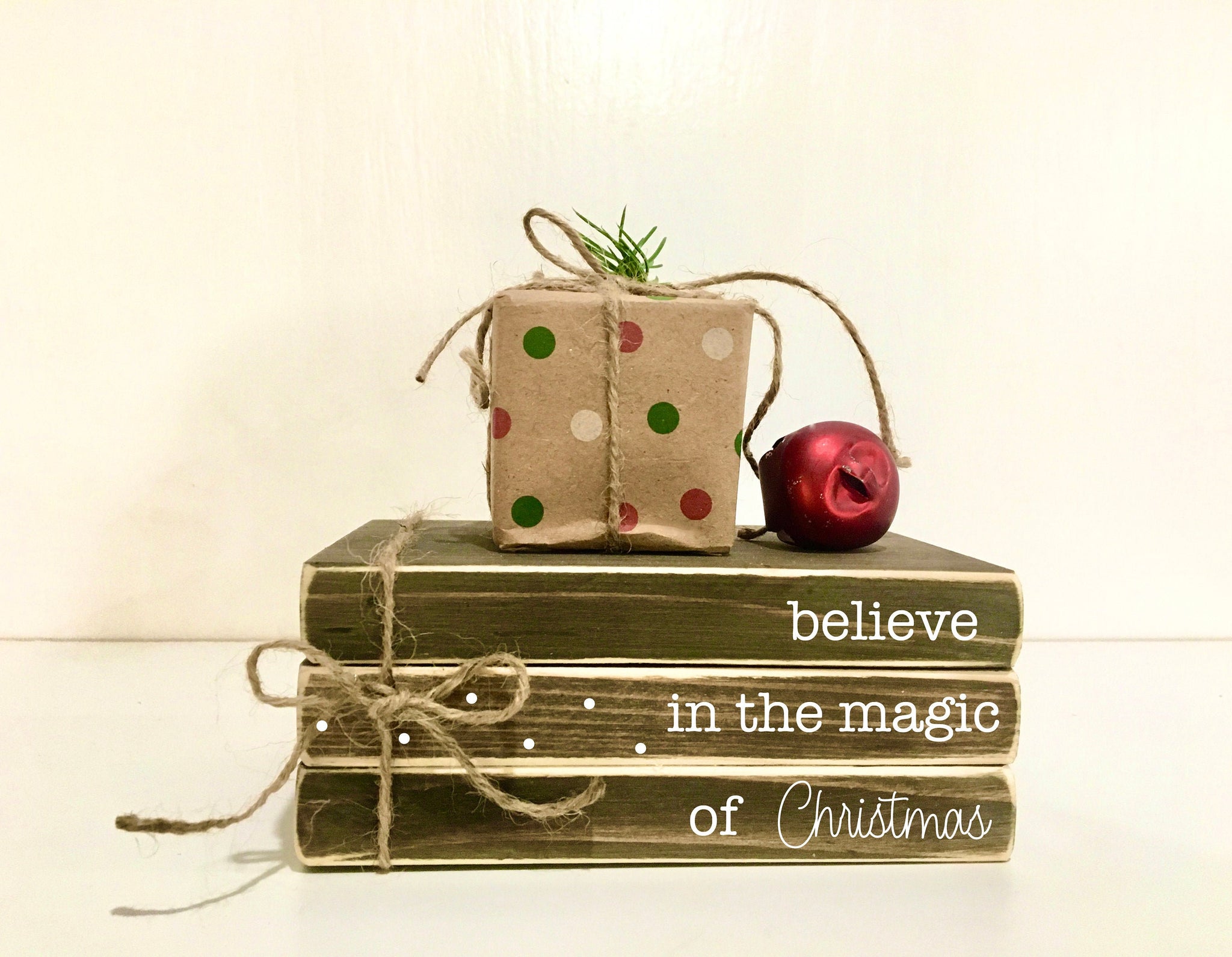 Christmas book bundle, Tiered tray decor, mini book stack, Christmas decor, farmhouse, faux present,  Believe, Teacher gift, wooden books