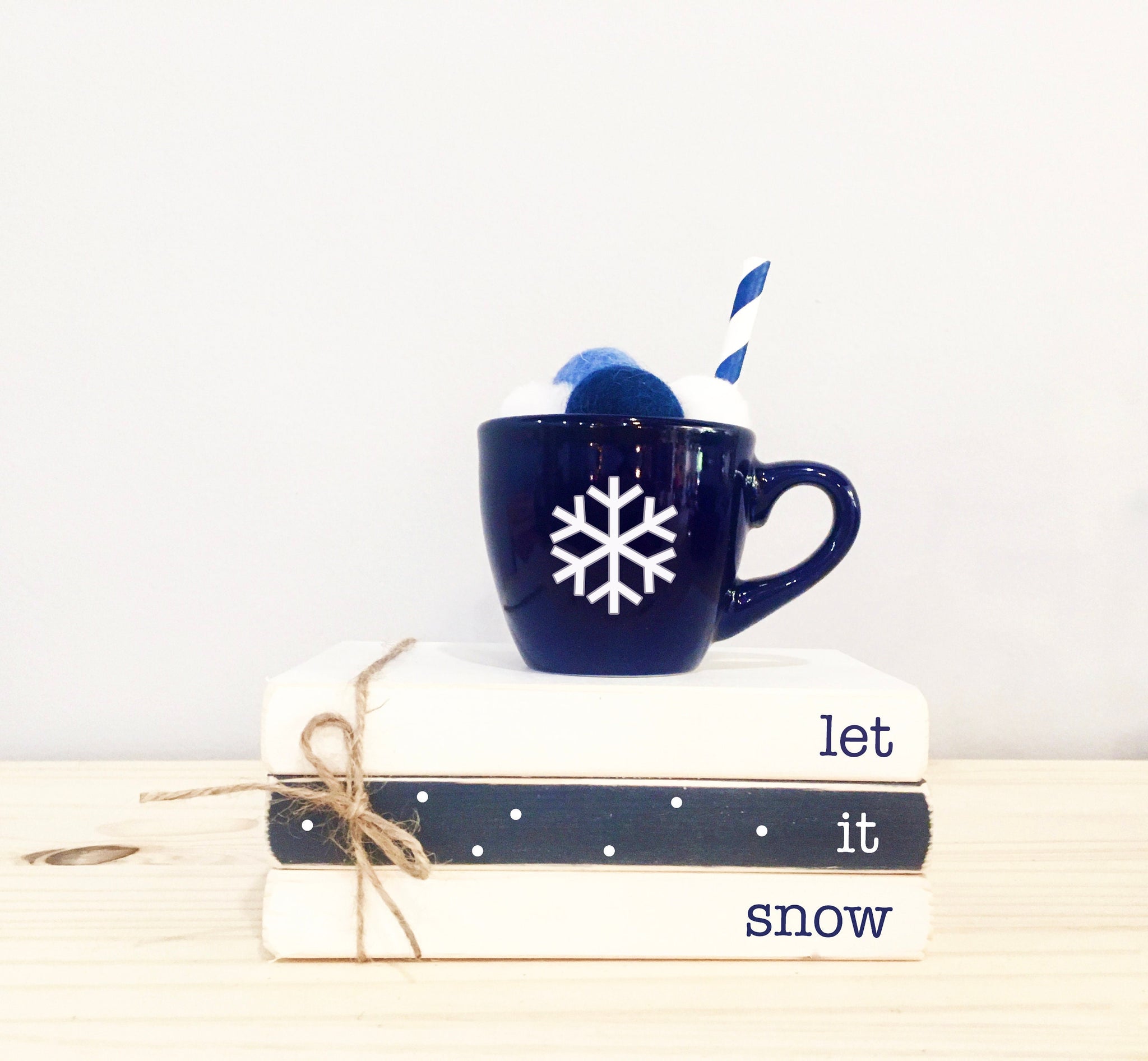 Tiered tray books, Snowflake mug, Tiered tray decor, Mini book stack, Hostess gift, Winter, hot cocoa bar, Hanukkah, Christmas, Let it snow