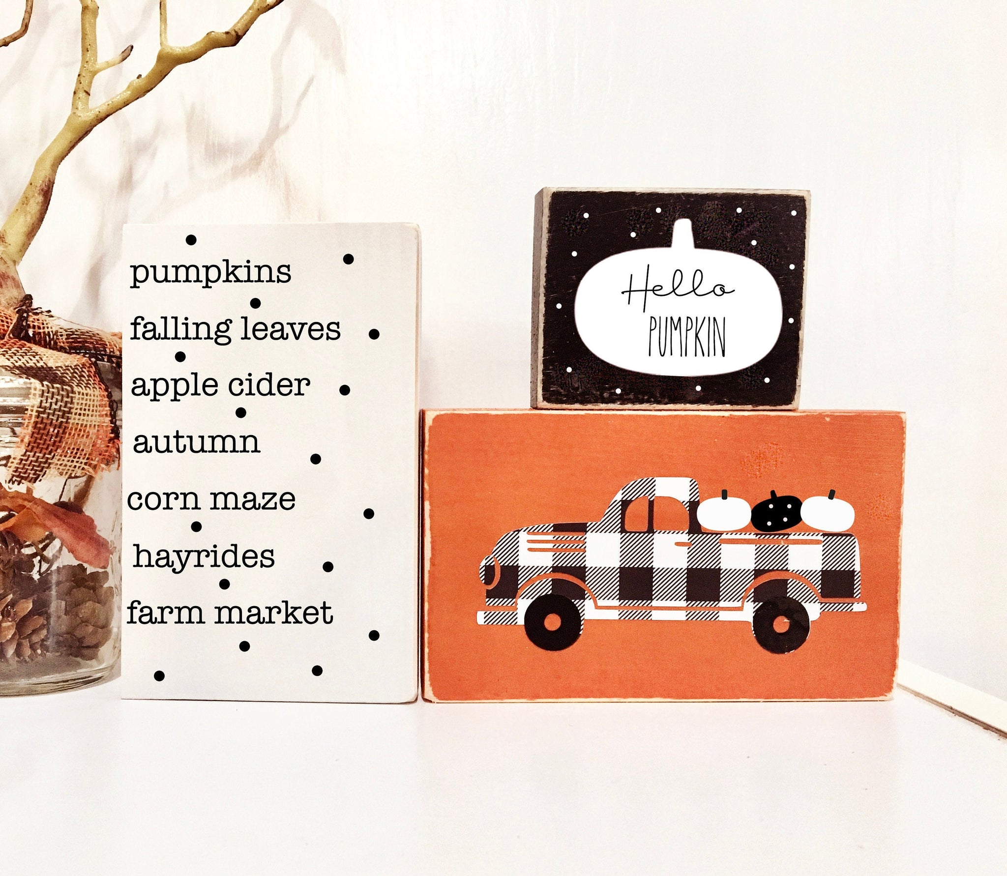 Fall tiered tray, Wooden signs, Tiered tray decor, Buffalo plaid, Old truck, Fall truck, Pumpkins, White pumpkins, Rustic, Tiered tray signs