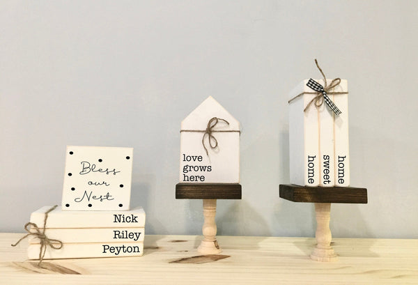 Personalized centerpiece, Farmhouse decor, Wooden box for table, Mini book stack, Personalized books, Wooden house, Table decor, box
