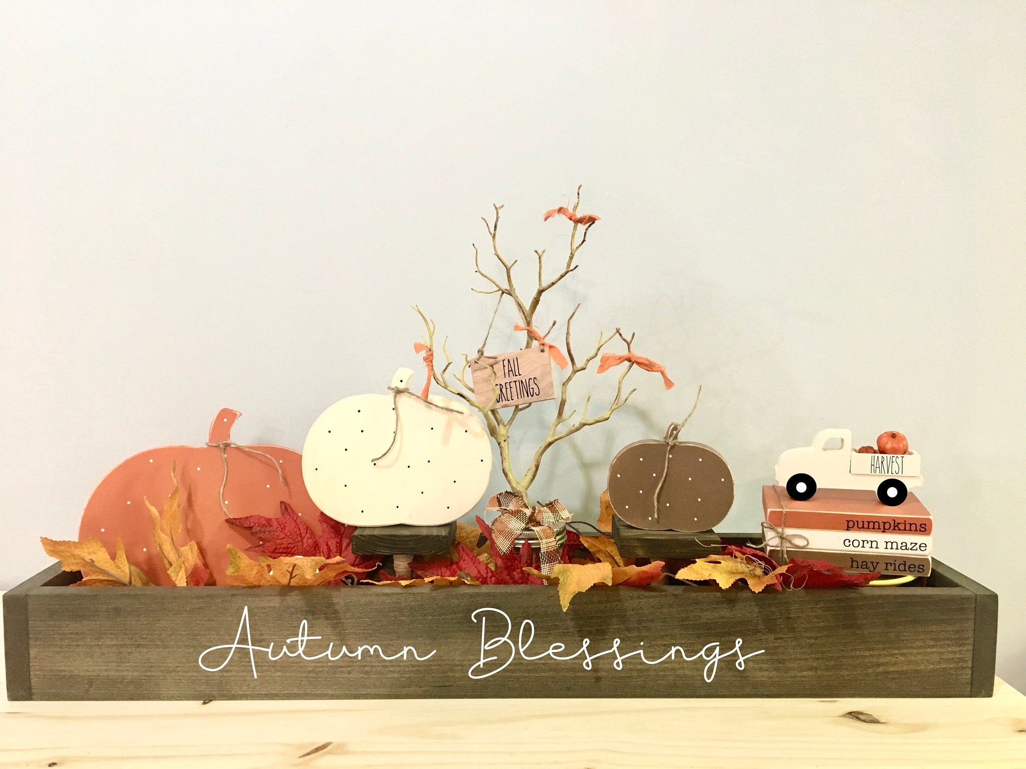 Fall centerpiece, Farmhouse decor, Fall tree, Tiered tray, Mini book stack, Wooden pumpkins, Thanksgiving table , Table decor, Wooden box