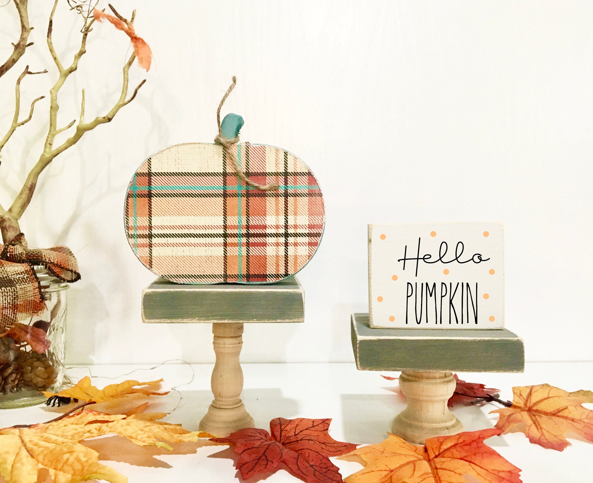 Fall tiered tray, Plaid pumpkin, Tiered tray decor,  Hello pumpkin, Fall decor, Pedestals, Risers, Tiered tray signs, Wooden sign