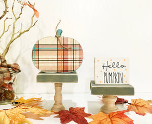 Plaid pumpkin for fall tiered tray, Hello pumpkin wood sign, Fall decor, Gray pedestal risers, Autumn decorations for tiered tray