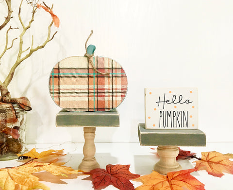 Fall tiered tray, Plaid pumpkin, Tiered tray decor,  Hello pumpkin, Fall decor, Pedestals, Risers, Tiered tray signs, Wooden sign