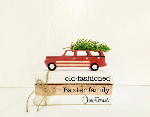 Christmas tiered tray books, Wooden Station wagon, Christmas decor, Personalized book bundle, Old fashioned family Christmas, book stack