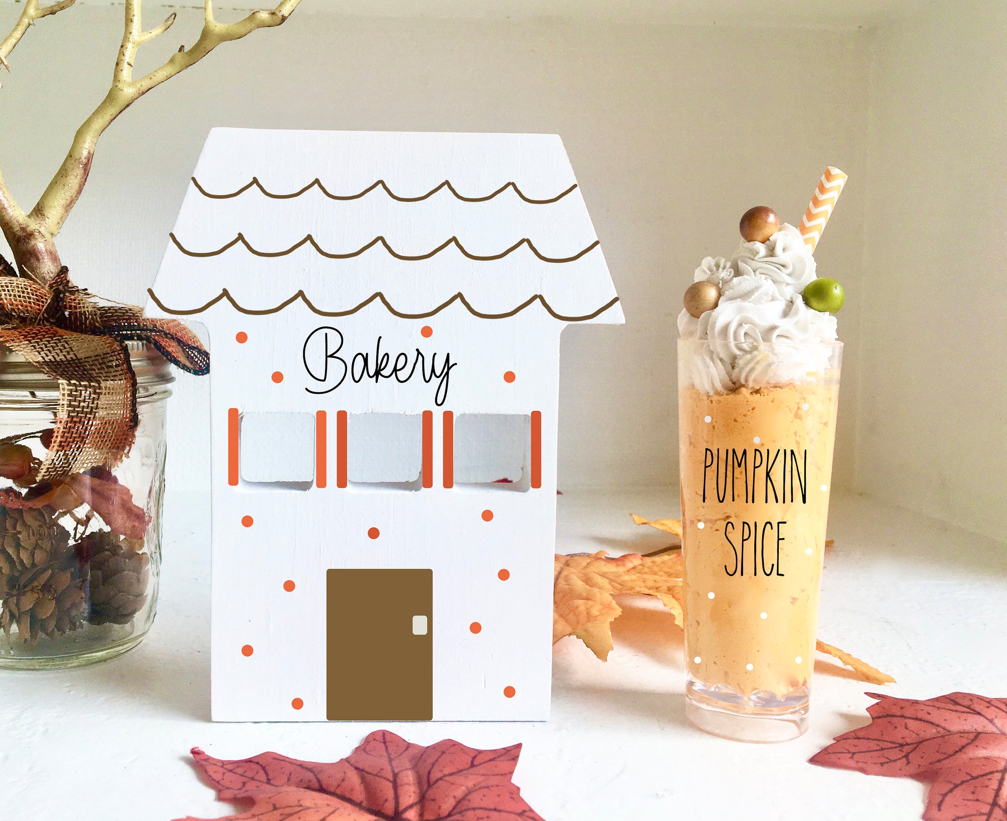 Fall decor, Wooden bakery, Faux pumpkin spice latte, Tiered tray sign, Fall village, Pumpkin spice, Faux whipped cream, Wooden house