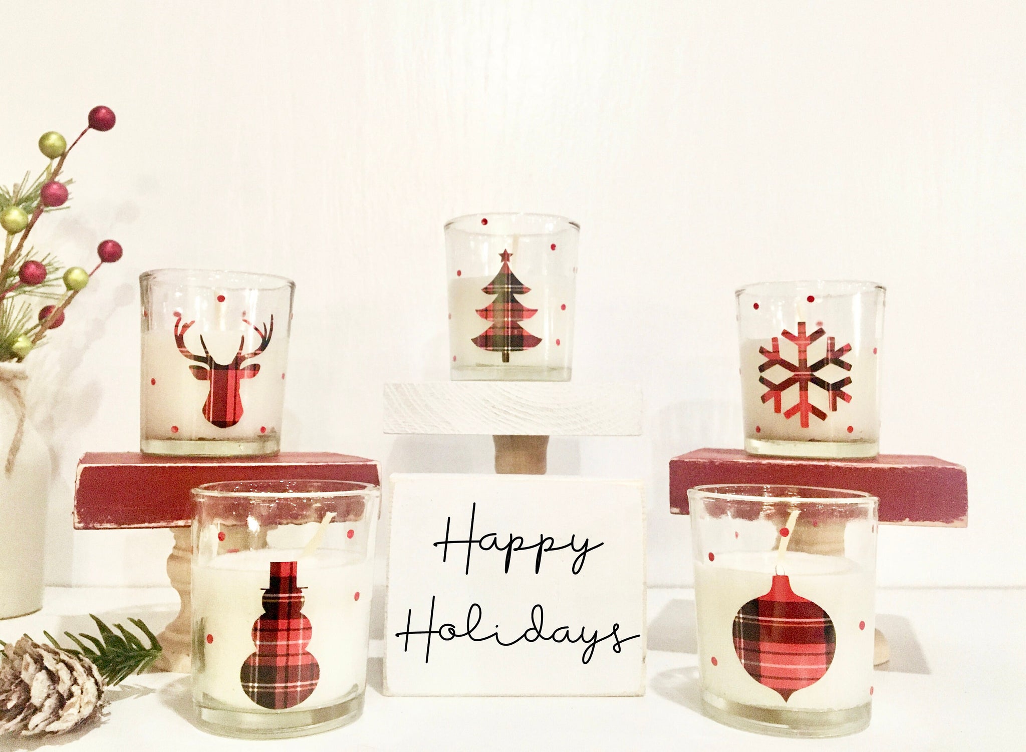 Plaid candle holders, Christmas decor, Tiered tray decor, Votives, Teacher gift, Housewarming, Hostess gift, Snowflake, Deer, Tree, Snowman