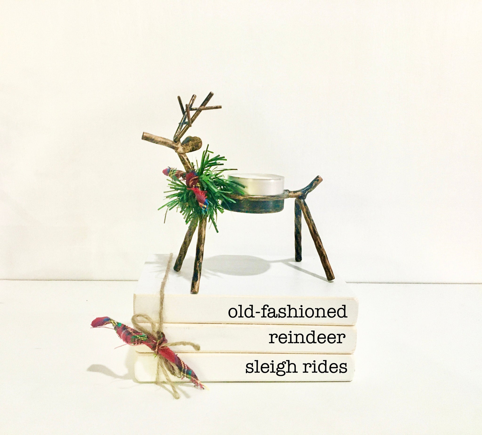 Christmas book stack, Reindeer candle holder, Christmas decor, Holiday tiered tray,  Sleigh rides, Farmhouse decor, teacher gift, Wood books
