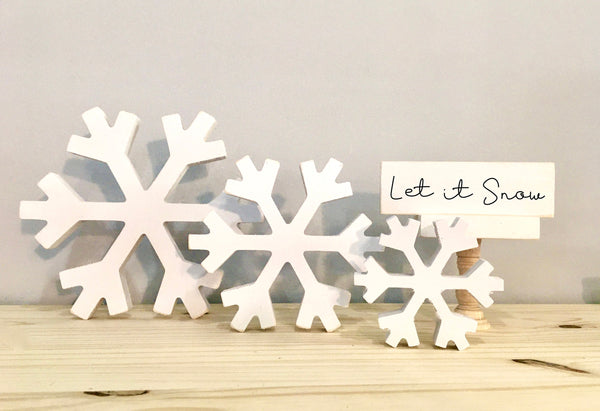 Wooden snowflakes, Christmas decor, Winter, rustic, Farmhouse, Tiered tray decor, Let it snow sign