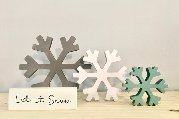 Wooden snowflakes, Christmas decor, Winter, rustic, Farmhouse, Tiered tray decor, Let it snow sign, Gray snowflakes, Navy