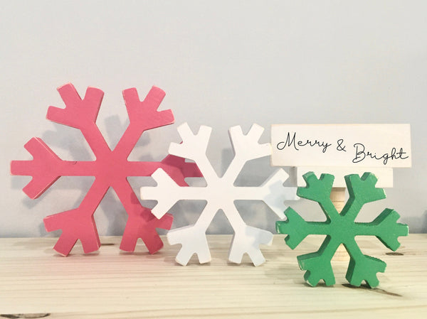 Wooden snowflakes, Christmas decor, Winter, Merry and bright, Tiered tray decor, Pink snowflakes, Free standing snowflakes
