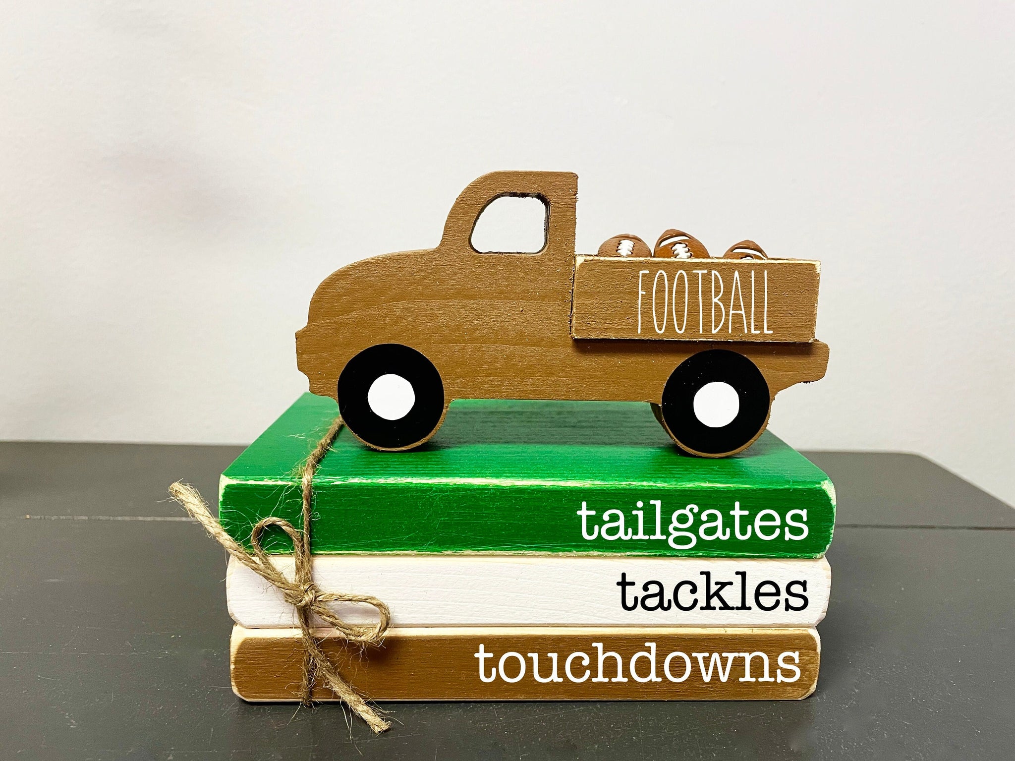 Football decor, Truck, Tiered tray decor, Mini book bundle, Book stack, Wooden truck, Faux books, Tailgates, Tackles, Touchdowns